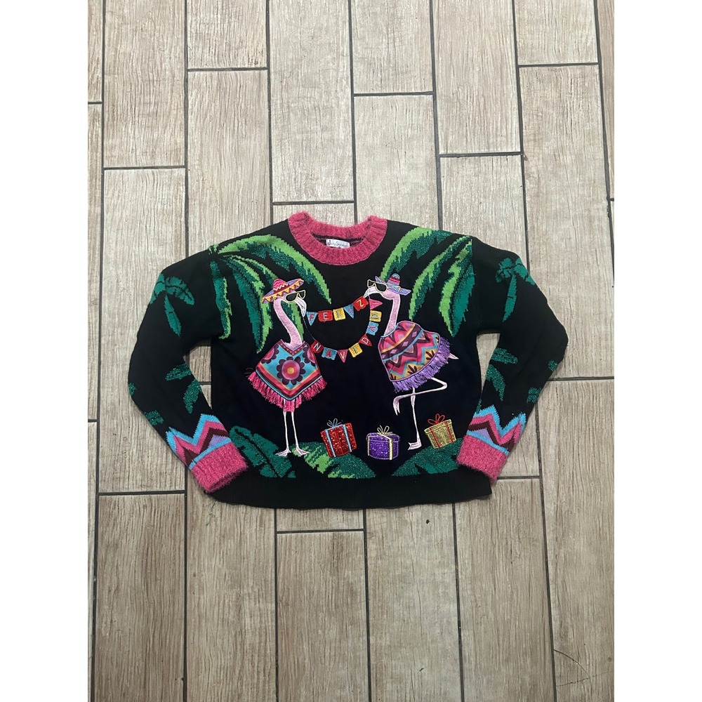 Ugly Christmas sweater Flamingo, Feliz Navidad, pancho and palm tress